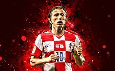 Luka Modric, 4k, Hırvatistan Milli Takımı, futbol, futbolcular, kırmızı neon ışıklar, Hırvat futbol takımı, Luka Modric 4K