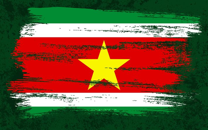 4k, Bandiera del Suriname, bandiere grunge, paesi sudamericani, simboli nazionali, tratto di pennello, bandiera del Suriname, arte grunge, Sud America, Suriname