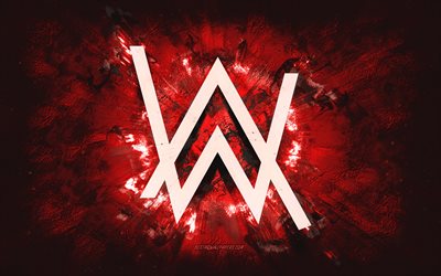 Logo Alan Walker, art grunge, fond de pierre rouge, logo rouge Alan Walker, Alan Walker, art cr&#233;atif, logo grunge rouge Alan Walker