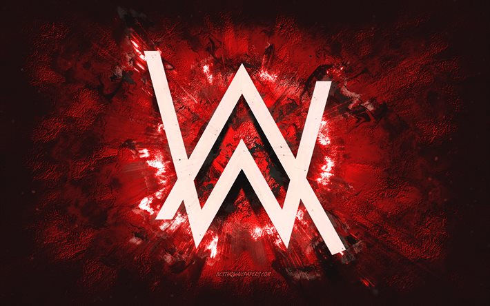 alan walker logo, grunge kunst, roter stein hintergrund, alan walker rotes logo, alan walker, kreative kunst, rotes alan walker grunge logo