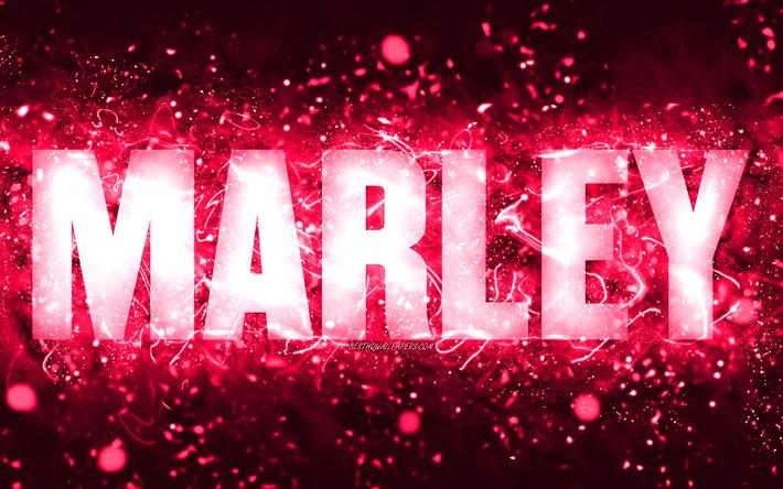 Buon compleanno Marley, 4k, luci al neon rosa, nome Marley, creativo, buon compleanno Marley, compleanno Marley, nomi femminili americani popolari, foto con nome Marley, Marley