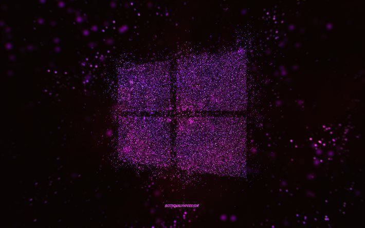 Windowsのキラキラロゴ, 黒の背景, Windowsロゴ, パープルグリッターアート, Windows, クリエイティブアート, Windowsパープルキラキラロゴ, Microsoft Windows 10