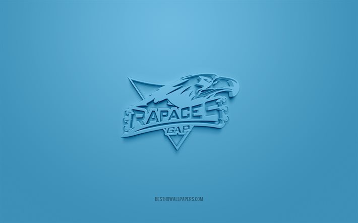 Rapaces de Gap, creative 3D logo, blue background, 3d emblem, French ice hockey team, Ligue Magnus, Gap, France, 3d art, hockey, Rapaces de Gap 3d logo