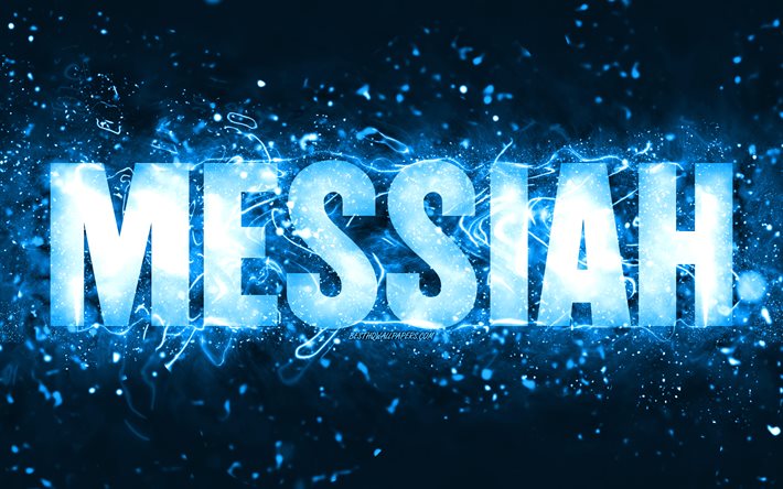 Joyeux anniversaire Messie, 4k, n&#233;ons bleus, nom du Messie, cr&#233;atif, Messie joyeux anniversaire, anniversaire du Messie, noms masculins am&#233;ricains populaires, photo avec le nom du Messie, Messie