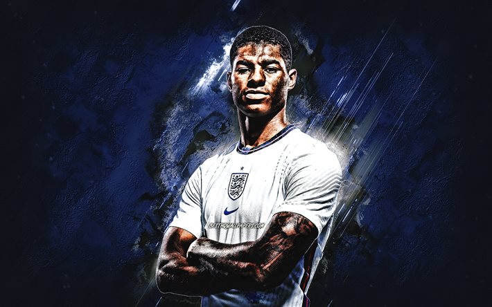 Marcus Rashford, England national football team, English footballer, blue stone background, England, football, Marcus Rashford art