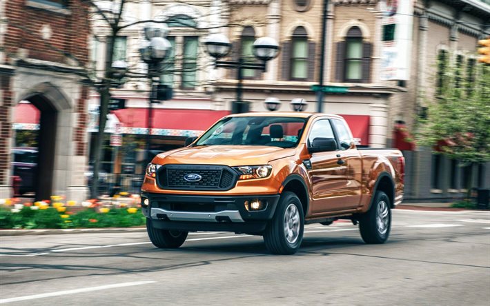 2021, Ford Ranger, Quad Cab, front view, exterior, new orange Ranger, American cars, Ford