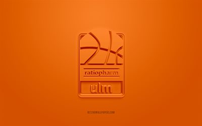 Ratiopharm Ulm, logotipo criativo 3D, fundo laranja, BBL, emblema 3d, Clube alem&#227;o de basquete, BasqueteBol, Ulm, Alemanha, arte 3d, basquete, ratiopharm Ulm 3d logo