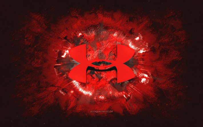 Sotto il logo Armour, arte grunge, sfondo in pietra rossa, logo rosso Under Armour, Under Armour, arte creativa, logo grunge Rosso Under Armour