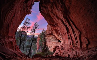 Arizona, red rocks, canyon, Red Rock State Park, evening, sunset, beautiful cave, USA