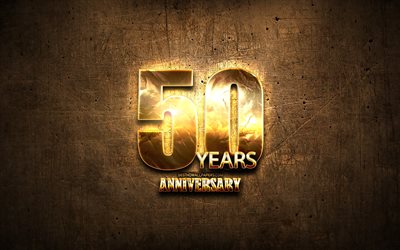 50 Years Anniversary, golden signs, anniversary concepts, brown metal background, 50th anniversary, creative, Golden 50th anniversary sign