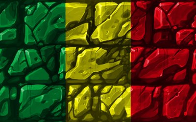 Mali Mali bayrağı, brickwall, 4k, Afrika &#252;lkeleri, ulusal semboller, Bayrak, yaratıcı, Mali, Afrika, 3D bayrak