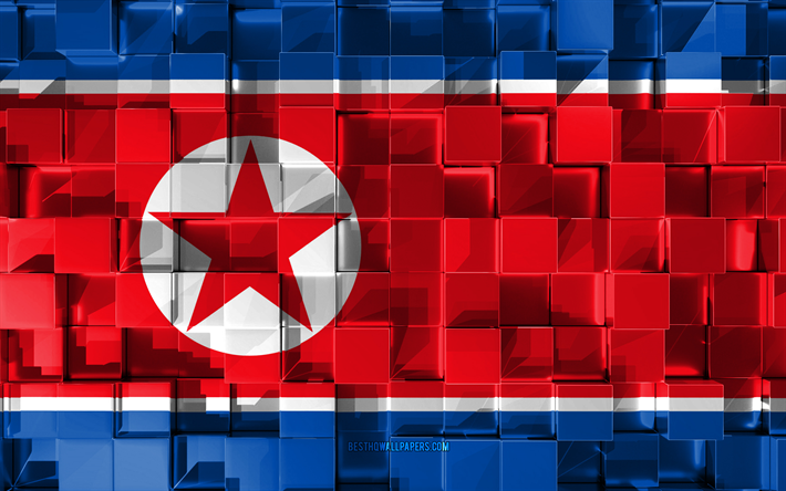 Pohjois-Korean lippu, 3d-lippu, 3d kuutiot rakenne, Liput Aasian maat, 3d art, Pohjois-Korea, Aasiassa, 3d-rakenne
