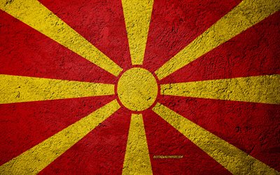 flagge von nord-mazedonien, beton, textur, stein, hintergrund, nord-mazedonien-flagge, europa, nord-mazedonien flaggen auf stein