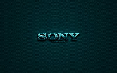 sony glitter-logo, creative, blau metall-hintergrund, sony logo, marken, sony