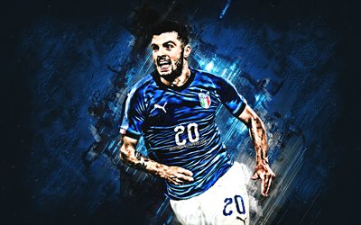 Patrick Cutrone, Italian jalkapallomaajoukkue, Italian jalkapalloilija, muotokuva, sininen kivi tausta, Italia, jalkapallo