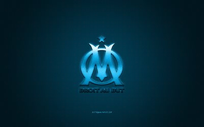Olympique Marseille, Ranskan football club, sininen metallinen logo, sininen hiilikuitu tausta, Marseille, Ranska, League 1, jalkapallo, OM-logo