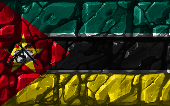 Mozambique bandera, brickwall, 4k, los pa&#237;ses Africanos, los s&#237;mbolos nacionales, la Bandera de Mozambique, creativo, Mozambique, &#193;frica, Mozambique 3D de la bandera