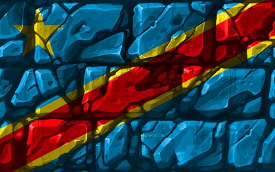 Kongon demokraattisen Tasavallan lippu, brickwall, 4k, Afrikan maissa, kansalliset symbolit, Lipun Kongon demokraattisessa tasavallassa, luova, DR Congo, Afrikka, DR Congo 3D flag