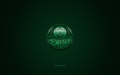 OM Palmer, Brasiliansk fotboll club, green metallic logotyp, gr&#246;na kolfiber bakgrund, Sao Paulo, Brasilien, Serie A, fotboll, Palm tr&#228;d, Sociedade Esportiva Palmeiras