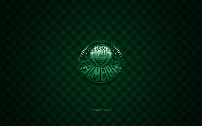 SE Palmeiras, Brazilian football club, green metallic logo, green carbon fiber background, Sao Paulo, Brazil, Serie A, football, Palmeiras, Sociedade Esportiva Palmeiras