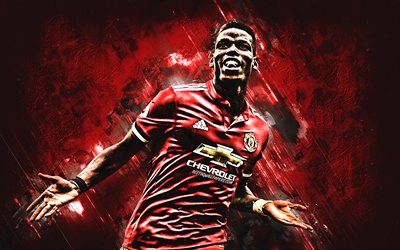 Paul Pogba, French footballer, Manchester United FC, midfielder, portrait, red stone background, cretative art, football