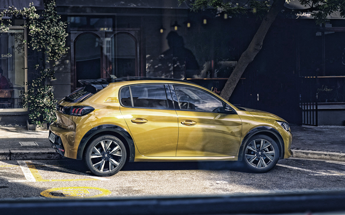 Peugeot 208, 2019, rear view, exterior, new yellow 208, compact hatchback, french cars, Peugeot