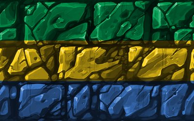 Gabonin lippu, brickwall, 4k, Afrikan maissa, kansalliset symbolit, Lippu, finland, luova, Gabon, Afrikka, Gabon 3D flag