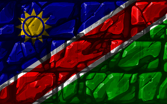 Namibian lippu, brickwall, 4k, Afrikan maissa, kansalliset symbolit, luova, Namibia, Afrikka, Namibian 3D flag