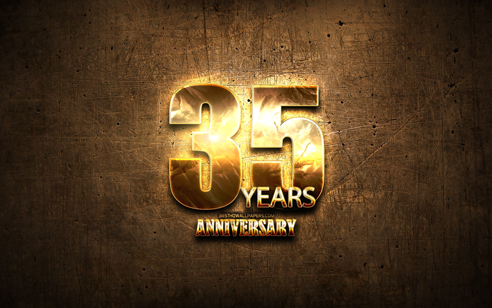 35 Years Anniversary, golden signs, anniversary concepts, brown metal background, 35th anniversary, creative, Golden 35th anniversary sign