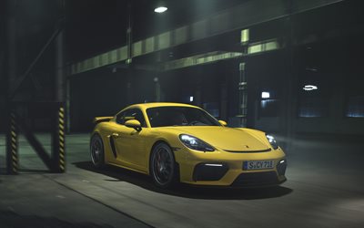 Porsche 718 Cayman GT4, 2020, yellow sports car, new yellow 718 Cayman GT4, yellow sports coupe, German sports cars, Porsche
