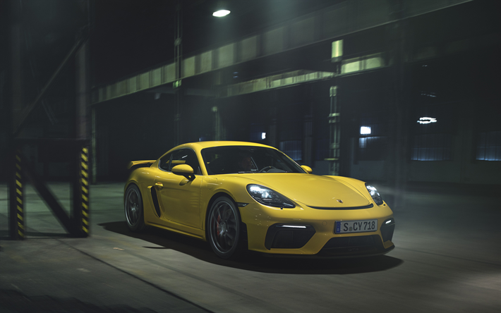 GT4 Porsche Cayman GT4 718, 2020, sarı spor araba, yeni sarı 718 Cayman, sarı spor coupe, Alman spor otomobil, Porsche