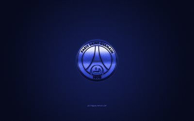 paris saint-germain, psg, rench football club, blau-metallic-logo, blau-carbon-faser-hintergrund, paris, frankreich, ligue 1, fu&#223;ball
