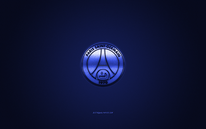 Paris Saint-Germain, PSG, rench football club, blue metallic logo, blue carbon fiber background, Paris, France, Ligue 1, football
