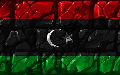 Libyan lippu, brickwall, 4k, Afrikan maissa, kansalliset symbolit, luova, Libya, Afrikka, Libyan 3D flag
