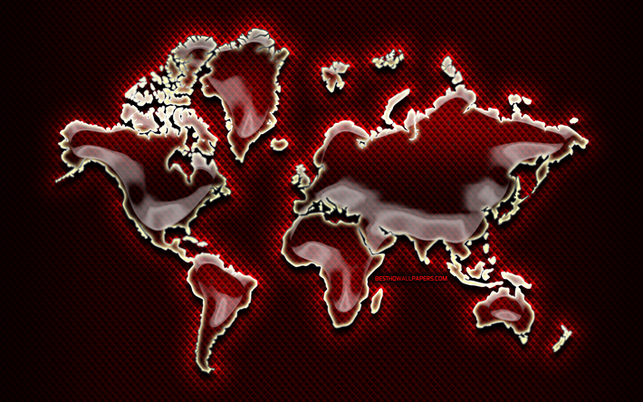 rouge carte du monde, sur fond rouge, carte du monde, concept, illustration, abstrait, art, cartes du monde, de cr&#233;ativit&#233;, de verre de la carte du monde, art 3D