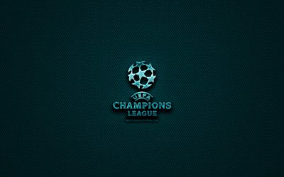 UEFA Champions League glitter logotyp, kreativa, fotbollsligorna, bl&#229; metall bakgrund, UEFA Champions League-logotyp, varum&#228;rken, UEFA Champions League