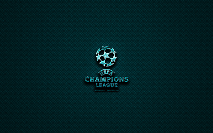 UEFA Champions League glitter logo, creative, football leagues, blue metal background, UEFA Champions League logo, brands, UEFA Champions League