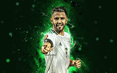 4k, Riyad Mahrez, 2019, Algerian Maajoukkue, jalkapallo, jalkapalloilijat, Riyad Mahrez Karim, neon valot, 2019 Afrikan Cup of Nations, abstrakti taide, Algerian jalkapallojoukkue