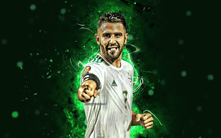 4k, Riyad Mahrez, 2019, Algeriet Landslaget, fotboll, fotbollsspelare, Riyad Karim Mahrez, neon lights, 2019 Africa Cup of Nations, abstrakt konst, Algeriska fotboll