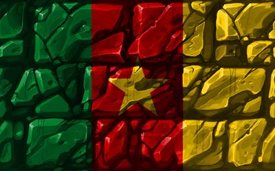 Cameroun drapeau, brickwall, 4k, les pays Africains, les symboles nationaux, le Drapeau du Cameroun, de la cr&#233;ativit&#233;, du Cameroun, de l&#39;Afrique, le Cameroun 3D drapeau