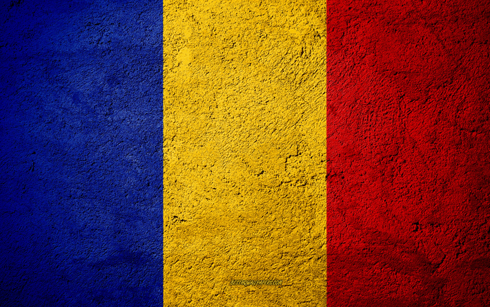 Flag of Romania, concrete texture, stone background, Romania flag, Europe, Romania, flags on stone