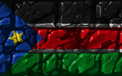 S&#246;dra Sudans flagga, brickwall, 4k, Afrikanska l&#228;nder, nationella symboler, Flaggan i S&#246;dra Sudan, kreativa, Sydsudan, Afrika, Sydsudan 3D-flagga