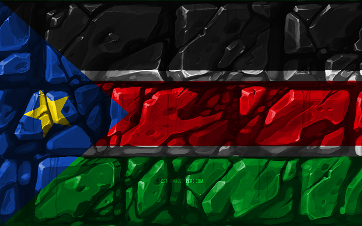 Le Soudan du sud drapeau, brickwall, 4k, les pays Africains, les symboles nationaux, le Drapeau du Soudan du Sud, cr&#233;atif, Soudan du Sud, l&#39;Afrique, le Sud-Soudan 3D drapeau