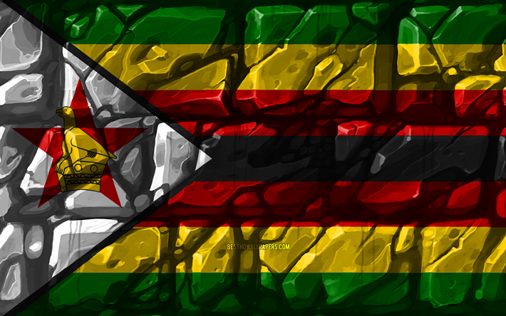 Dello bandiera, brickwall, 4k, i paesi Africani, simboli nazionali, Bandiera dello Zimbabwe, creativo, Zimbabwe, in Africa, Zimbabwe 3D bandiera