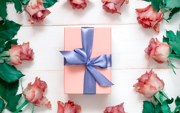 gift, pink box gift, blue silk bow, rose frame, flower frame, white wooden background