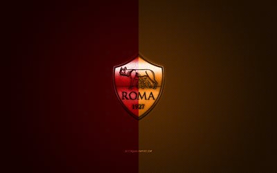as roma, italienische fu&#223;ball-club, rot-orange-metallic-logo, rot-orange, carbon-faser-hintergrund, rom, italien, serie a, fu&#223;ball -, roma-logo