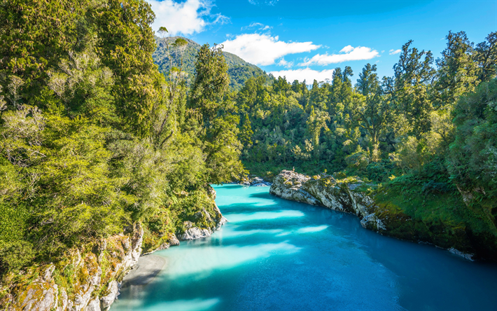 Blue River, berg, sommar, skogen, South Island, Nya Zeeland, Mount Aspiring National Park, vacker natur Oceanien
