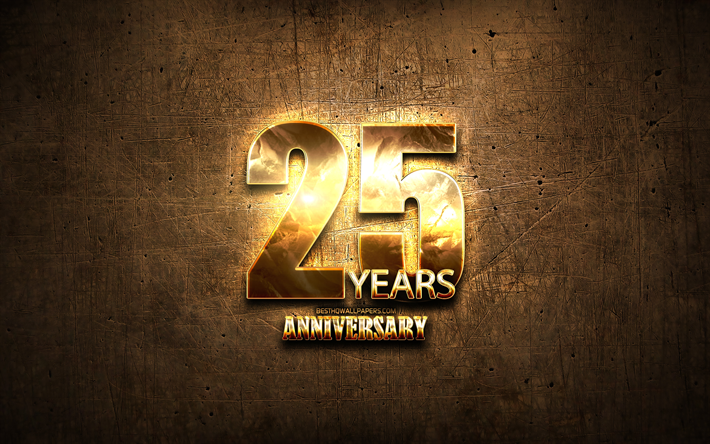 25 Years Anniversary, golden signs, anniversary concepts, brown metal background, 25th anniversary, creative, Golden 25th anniversary sign