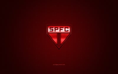 Sao Paulo FC, Brasiliansk fotboll club, r&#246;d metallic logotyp, red kolfiber bakgrund, Sao Paulo, Brasilien, Serie A, fotboll