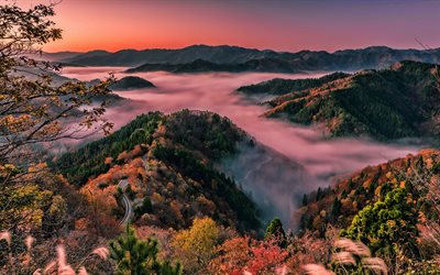 Shiga B&#246;lgesi, 4k, G&#252;n batımı, dağlar, g&#252;zel bir doğa, Japonya, Asya